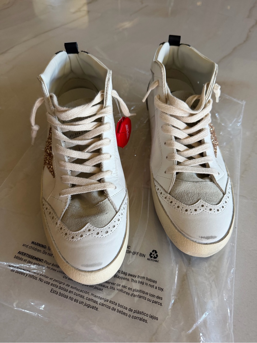 Golden Goose Mid Star White Sneakers with Gold Star and Dark Brown Glitter Heel - Picture 13 of 16